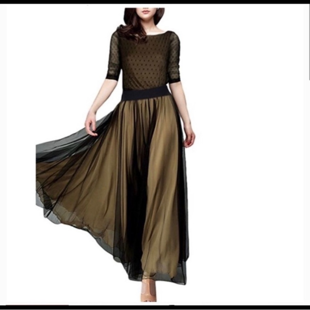Miusol Dot Mesh Sleeves Black with Tan Undelay Woman’s Maxi Dress Size Medium